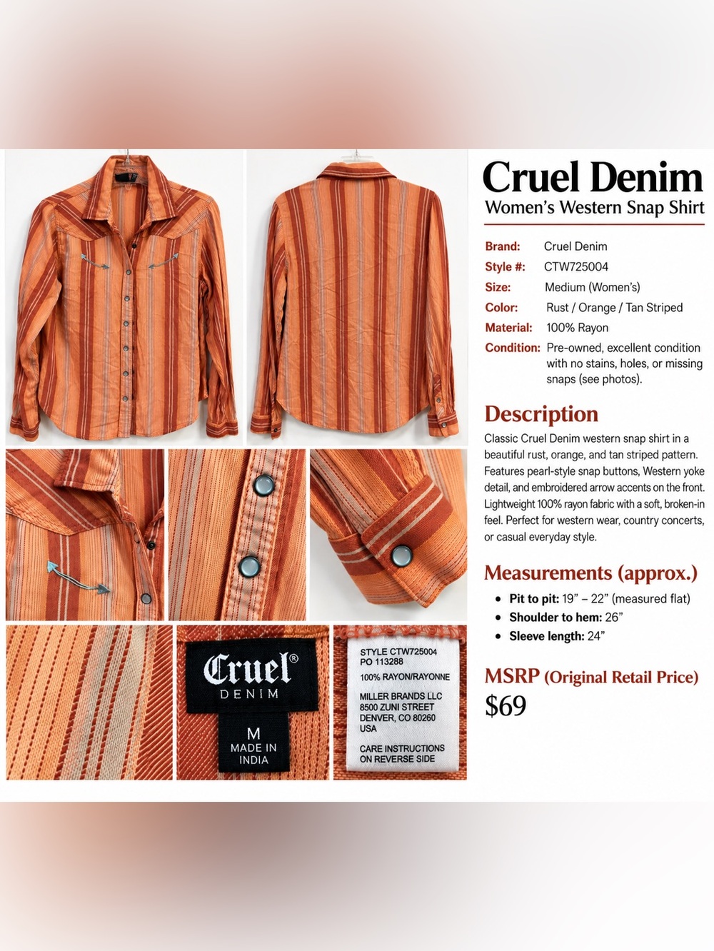 Cruel Denim Striped Snap Down Western Shirt MSRP $69